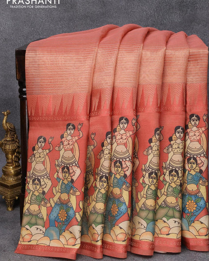 Banarasi tissue organza saree maroon shade with plain body and kalamkari printed border - {{ collection.title }} by Prashanti Sarees