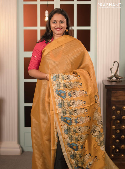 Banarasi tissue organza saree mustard yellow with plain body and kalamkari printed border - {{ collection.title }} by Prashanti Sarees