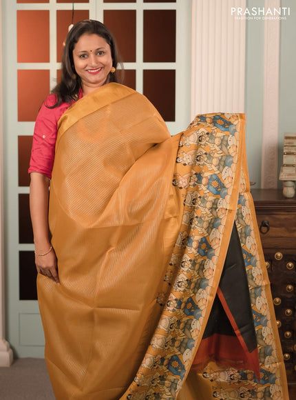Banarasi tissue organza saree mustard yellow with plain body and kalamkari printed border - {{ collection.title }} by Prashanti Sarees