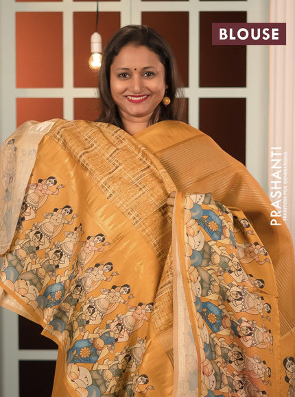 Banarasi tissue organza saree mustard yellow with plain body and kalamkari printed border - {{ collection.title }} by Prashanti Sarees