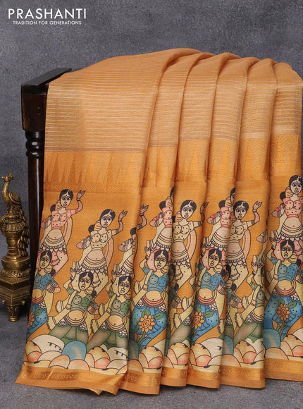 Banarasi tissue organza saree mustard yellow with plain body and kalamkari printed border - {{ collection.title }} by Prashanti Sarees