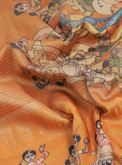 Banarasi tissue organza saree mustard yellow with plain body and kalamkari printed border - {{ collection.title }} by Prashanti Sarees