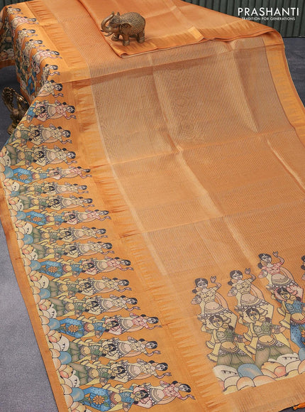 Banarasi tissue organza saree mustard yellow with plain body and kalamkari printed border - {{ collection.title }} by Prashanti Sarees