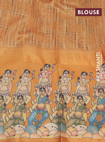 Banarasi tissue organza saree mustard yellow with plain body and kalamkari printed border - {{ collection.title }} by Prashanti Sarees