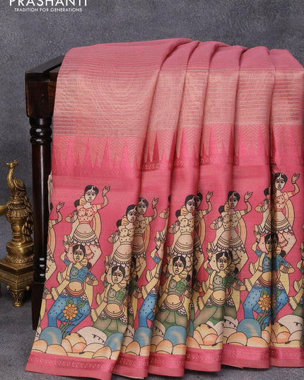 Banarasi tissue organza saree pink with plain body and kalamkari printed border - {{ collection.title }} by Prashanti Sarees