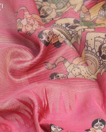 Banarasi tissue organza saree pink with plain body and kalamkari printed border - {{ collection.title }} by Prashanti Sarees