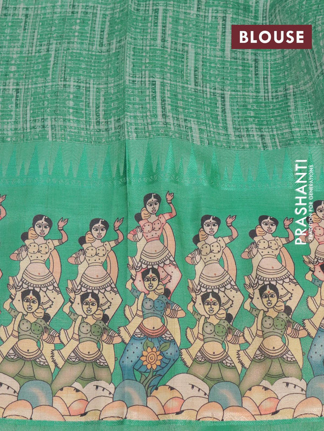 Banarasi tissue organza saree teal green with plain body and kalamkari printed border - {{ collection.title }} by Prashanti Sarees