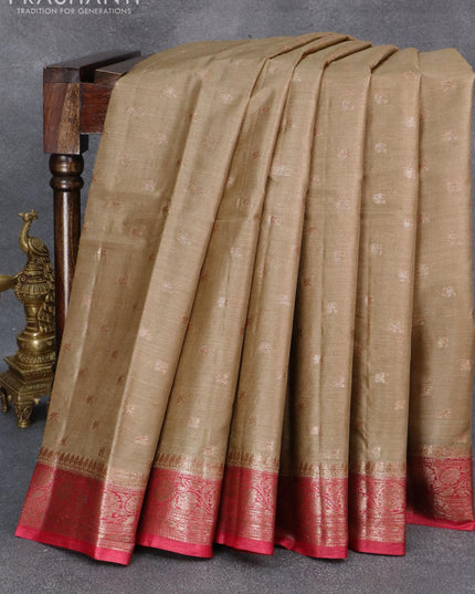 Banarasi tussar silk saree beige and maroon with thread & zari woven buttas and woven border - {{ collection.title }} by Prashanti Sarees