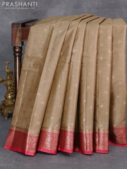 Banarasi tussar silk saree beige and maroon with thread & zari woven buttas and woven border - {{ collection.title }} by Prashanti Sarees