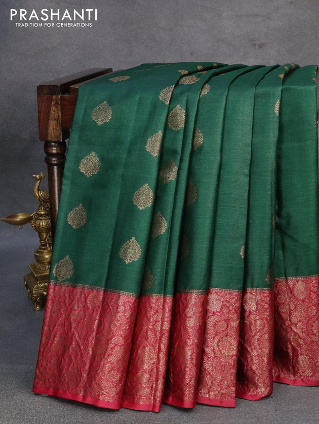 Banarasi tussar silk saree dark green and maroon with thread & zari woven buttas and long woven border - {{ collection.title }} by Prashanti Sarees