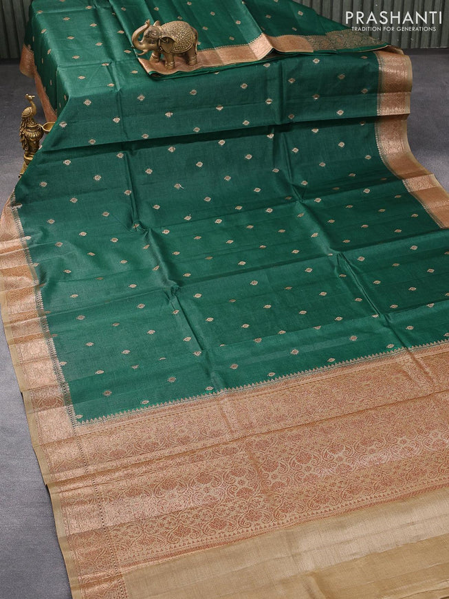 Banarasi tussar silk saree green and dark beige with thread & zari woven buttas and woven border - {{ collection.title }} by Prashanti Sarees
