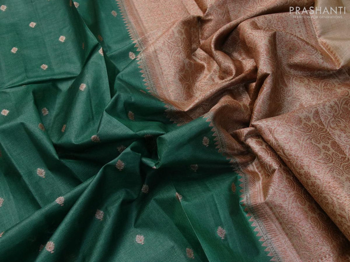 Banarasi tussar silk saree green and dark beige with thread & zari woven buttas and woven border - {{ collection.title }} by Prashanti Sarees