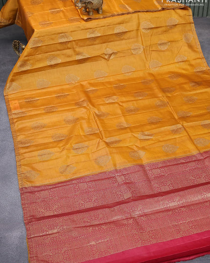 Banarasi tussar silk saree mustard yellow and maroon with thread & zari woven buttas and long woven border - {{ collection.title }} by Prashanti Sarees