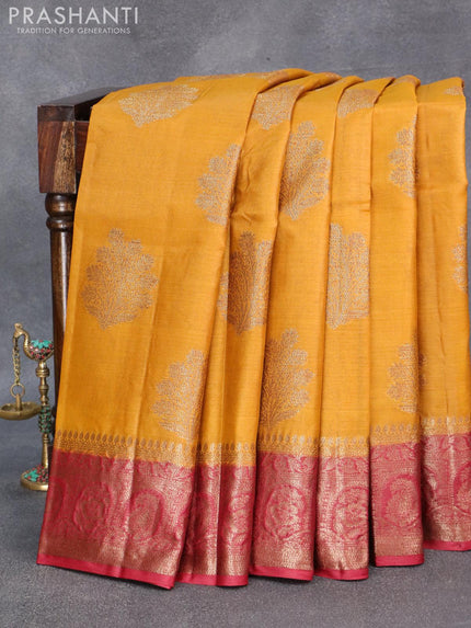 Banarasi tussar silk saree mustard yellow and maroon with zari woven buttas and woven border - {{ collection.title }} by Prashanti Sarees