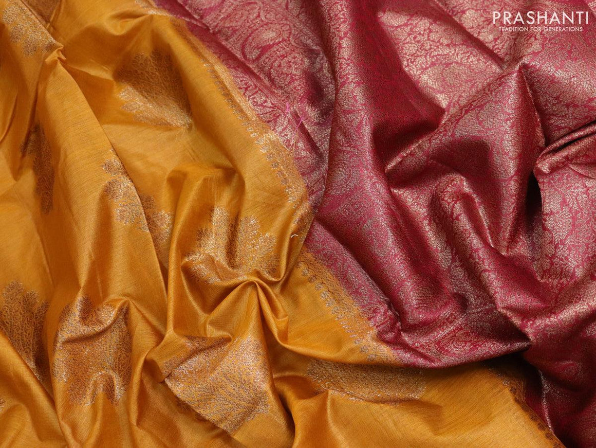 Banarasi tussar silk saree mustard yellow and maroon with zari woven buttas and woven border - {{ collection.title }} by Prashanti Sarees