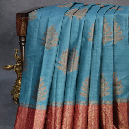 Banarasi tussar silk saree pastel blue shade and rust shade with thread & zari woven buttas and woven border - {{ collection.title }} by Prashanti Sarees