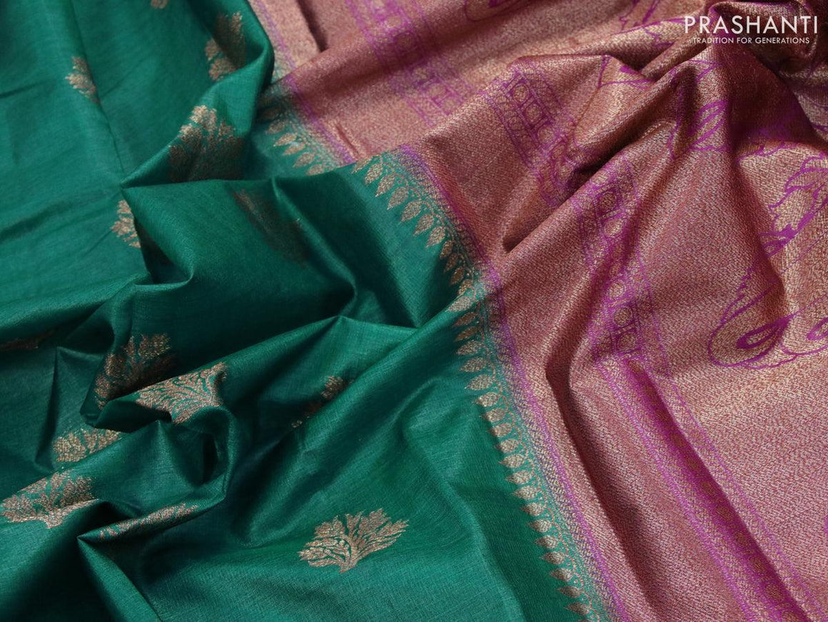 Banarasi tussar silk saree peacock green and purple with thread & zari woven floral buttas and woven border - {{ collection.title }} by Prashanti Sarees