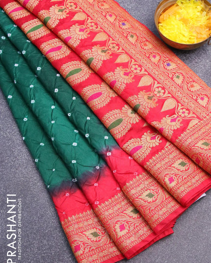 Bandhani saree green and red with bandhani prints and banarasi style mina border - {{ collection.title }} by Prashanti Sarees