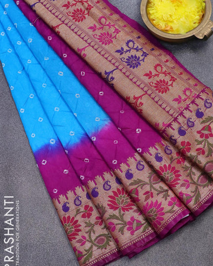 Bandhani saree light blue and purple with bandhani prints and banarasi style mina border - {{ collection.title }} by Prashanti Sarees