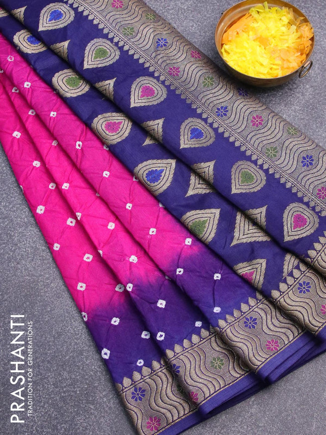 Bandhani saree pink and blue with bandhani prints and banarasi style mina border - {{ collection.title }} by Prashanti Sarees