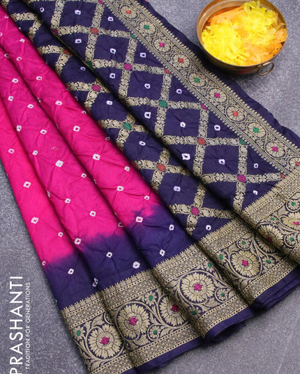 Bandhani saree pink and dark blue with bandhani prints and banarasi style mina border - {{ collection.title }} by Prashanti Sarees