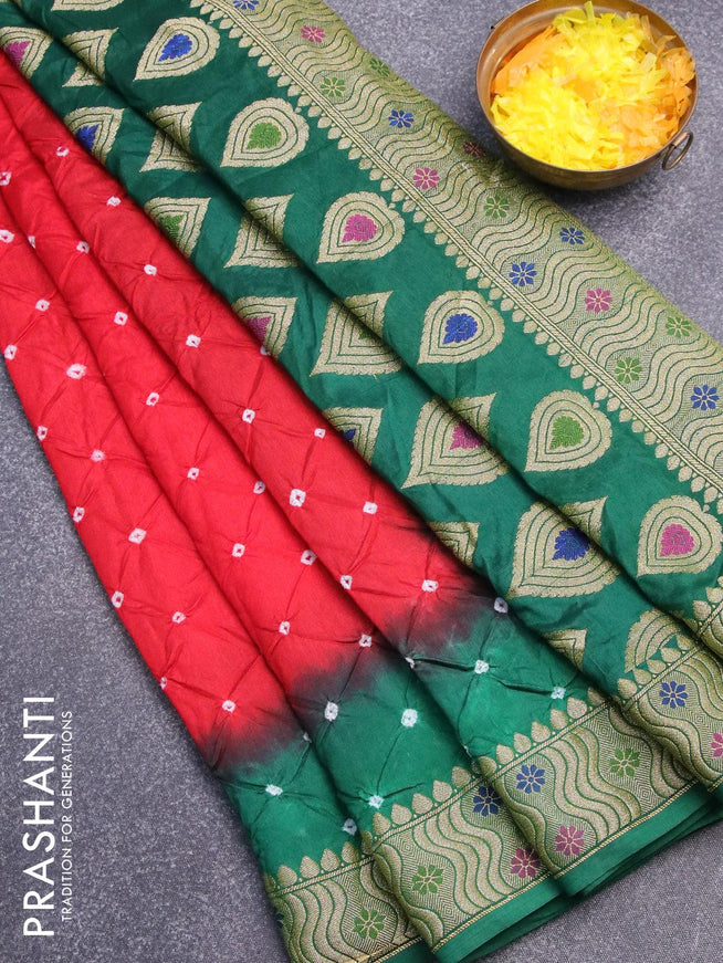 Bandhani saree red and green with bandhani prints and banarasi style mina border - {{ collection.title }} by Prashanti Sarees