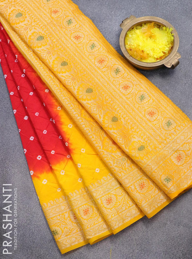 Bandhani saree red and mango yellow with bandhani prints and banarasi style mina border - {{ collection.title }} by Prashanti Sarees