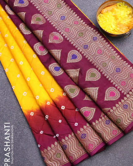 Bandhani saree yellow and wine shade with bandhani prints and banarasi style mina border - {{ collection.title }} by Prashanti Sarees