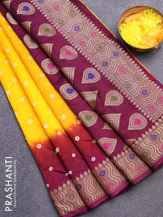 Bandhani saree yellow and wine shade with bandhani prints and banarasi style mina border - {{ collection.title }} by Prashanti Sarees