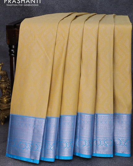 Bangalori silk saree beige and blue with allover silver zari weaves and silver zari woven border - {{ collection.title }} by Prashanti Sarees