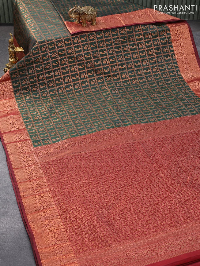 Bangalori silk saree dark green and maroon with allover copper zari weaves and copper zari woven border - {{ collection.title }} by Prashanti Sarees