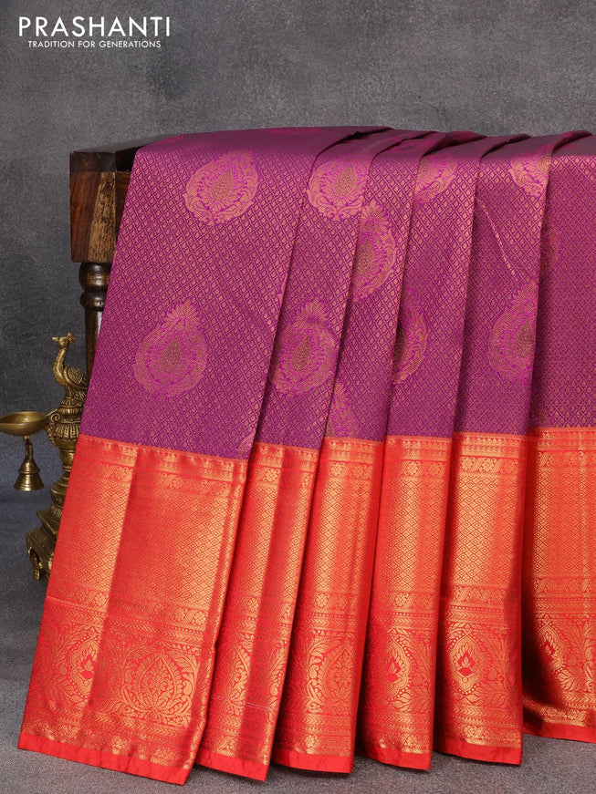 Bangalori silk saree deep purple and red with allover copper zari weaves and long copper zari woven border - {{ collection.title }} by Prashanti Sarees