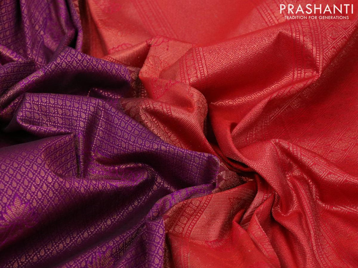 Bangalori silk saree deep purple and red with allover copper zari weaves and long copper zari woven border - {{ collection.title }} by Prashanti Sarees