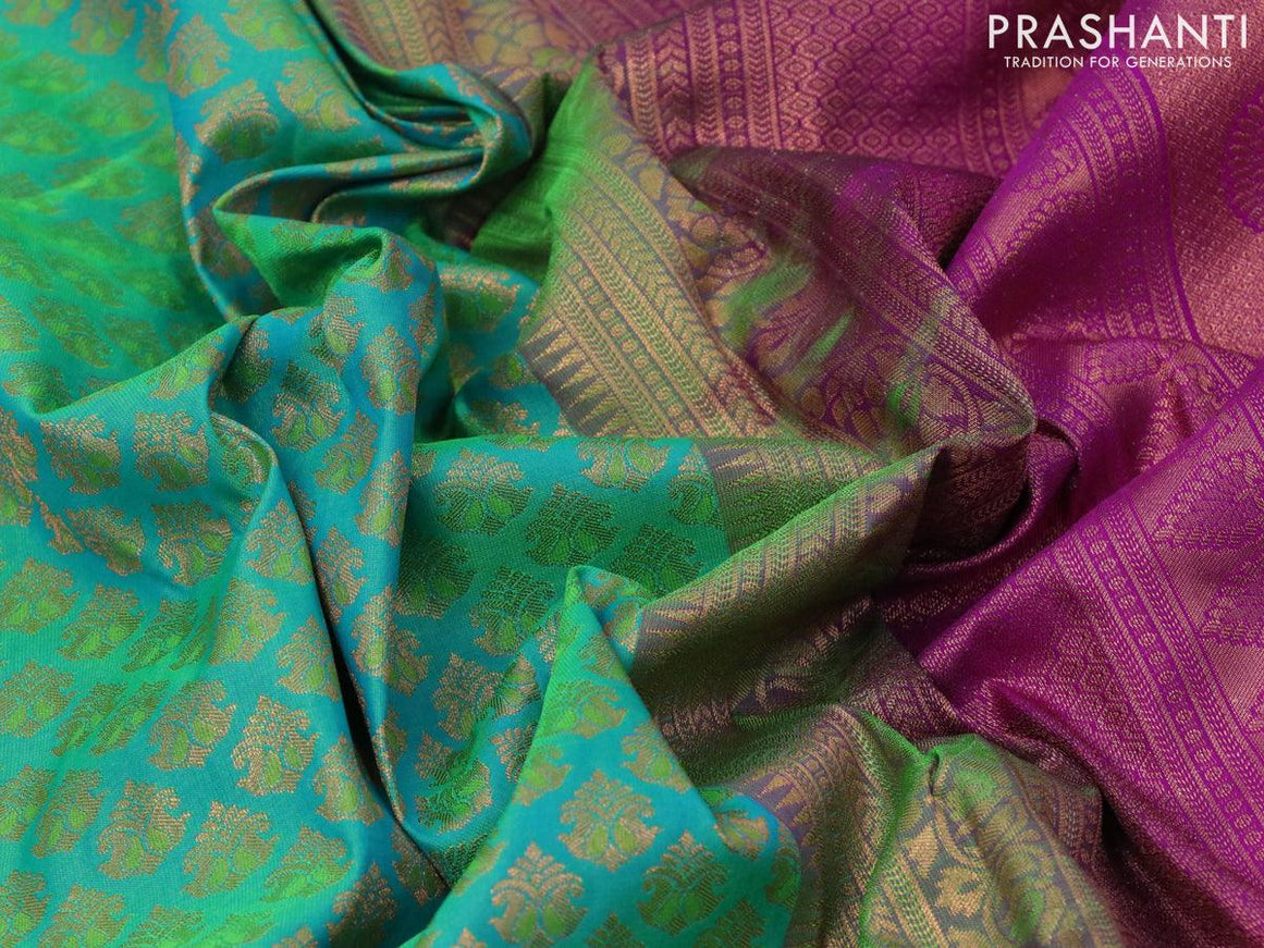 Bangalori silk saree dual shade of green and purple with zari woven buttas and long copper zari woven border - {{ collection.title }} by Prashanti Sarees