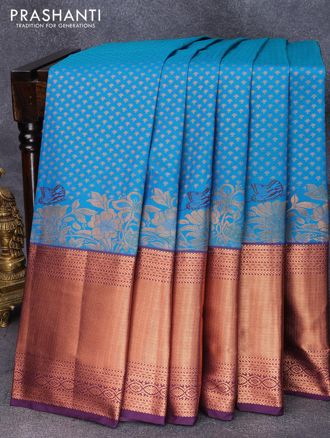 Bangalori silk saree dual shade of teal blue and deep violet with allover zari woven floral weaves and long copper zari woven border - {{ collection.title }} by Prashanti Sarees