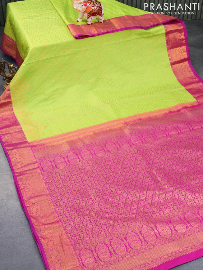 Bangalori silk saree fluorescent green and pink with allover copper zari woven butta weaves and zari woven border - {{ collection.title }} by Prashanti Sarees