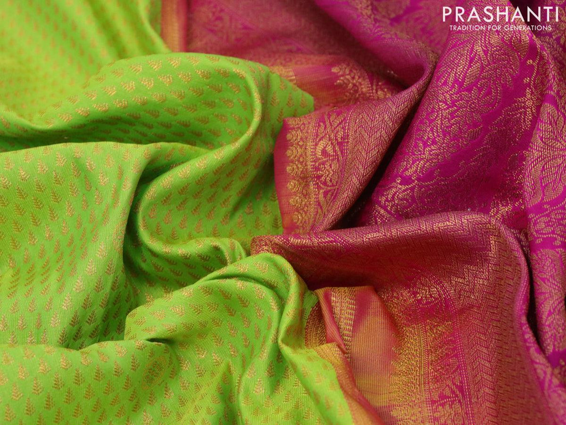 Bangalori silk saree fluorescent green and pink with allover copper zari woven butta weaves and zari woven border - {{ collection.title }} by Prashanti Sarees