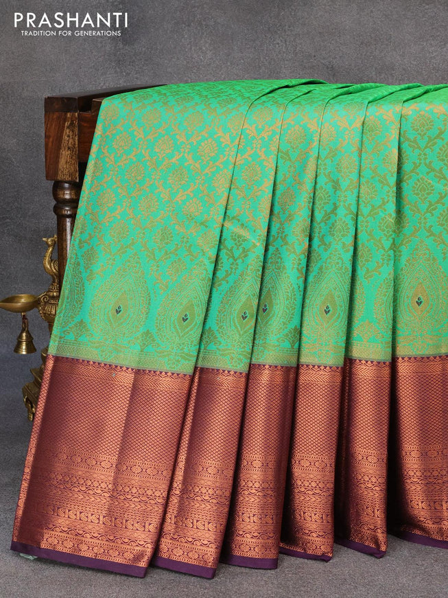 Bangalori silk saree green and deep violet with allover zari weaves and long copper zari woven border - {{ collection.title }} by Prashanti Sarees