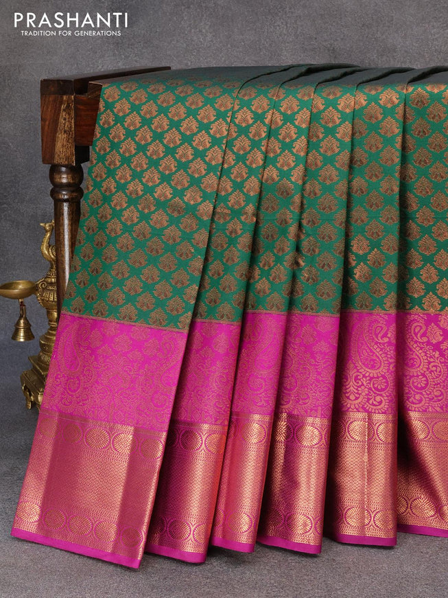 Bangalori silk saree green and purple with copper zari woven buttas and long copper zari woven border - {{ collection.title }} by Prashanti Sarees