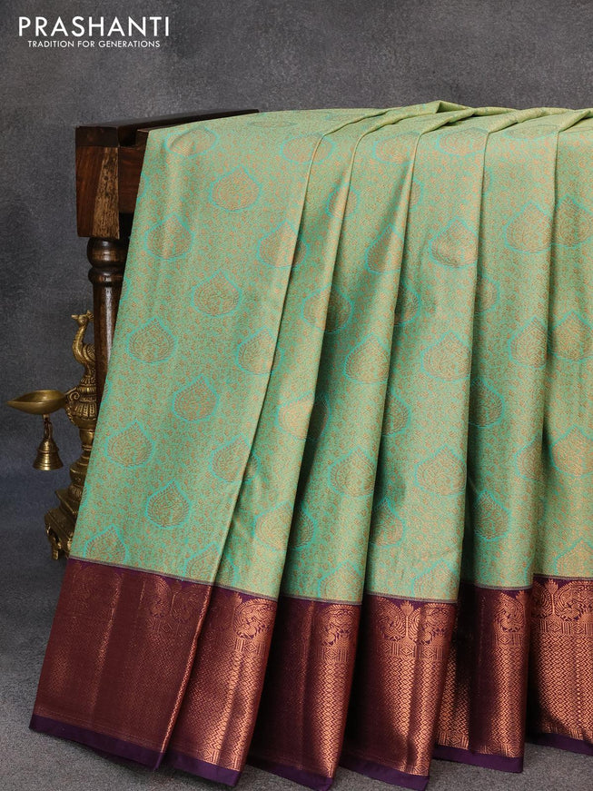 Bangalori silk saree green shade and deep violet with allover copper zari weaves and copper zari woven border - {{ collection.title }} by Prashanti Sarees