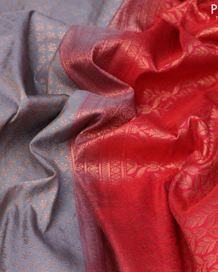 Bangalori silk saree grey and red with allover copper zari woven butta weaves and copper zari woven border - {{ collection.title }} by Prashanti Sarees