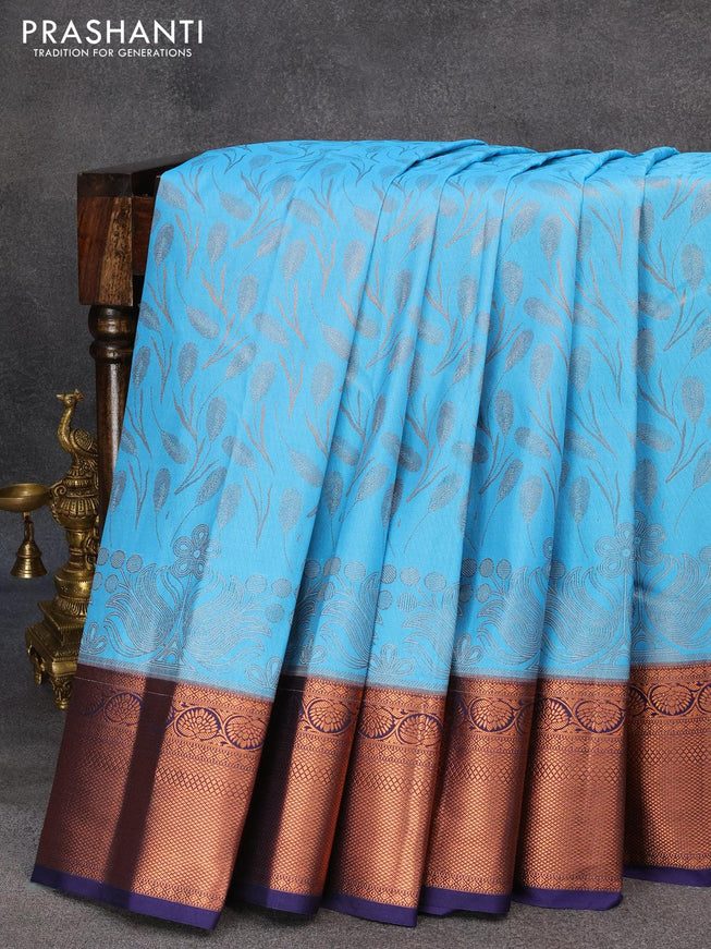 Bangalori silk saree light blue and blue with allover copper zari weaves and copper zari woven border - {{ collection.title }} by Prashanti Sarees