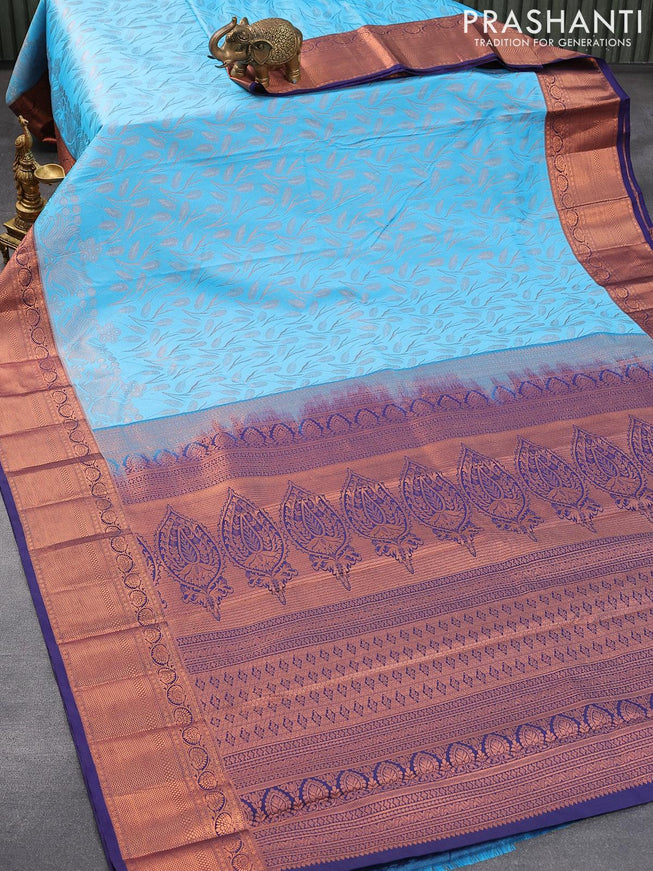 Bangalori silk saree light blue and blue with allover copper zari weaves and copper zari woven border - {{ collection.title }} by Prashanti Sarees