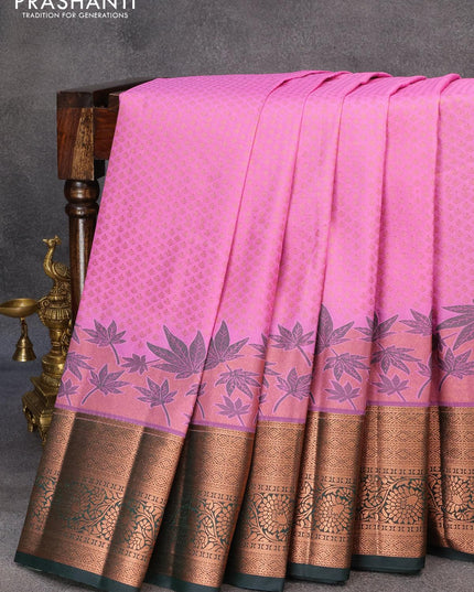 Bangalori silk saree light pink and bottle green with allover copper zari woven butta weaves and copper zari woven border - {{ collection.title }} by Prashanti Sarees