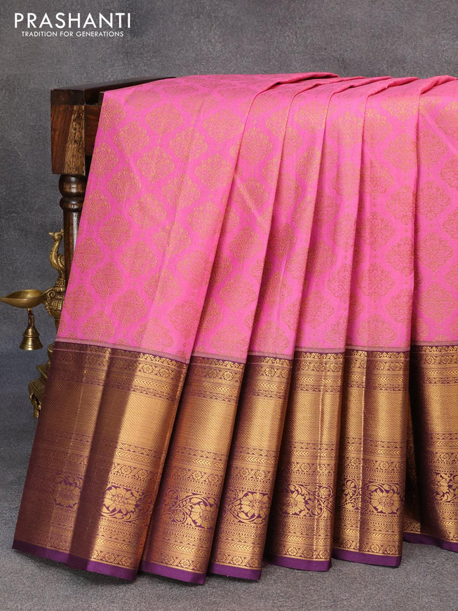 Bangalori silk saree light pink and deep violet with zari woven buttas and long zari woven border - {{ collection.title }} by Prashanti Sarees