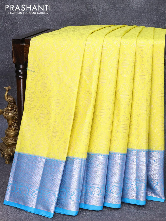 Bangalori silk saree lime yellow and blue with allover silver zari weaves and silver zari woven border - {{ collection.title }} by Prashanti Sarees
