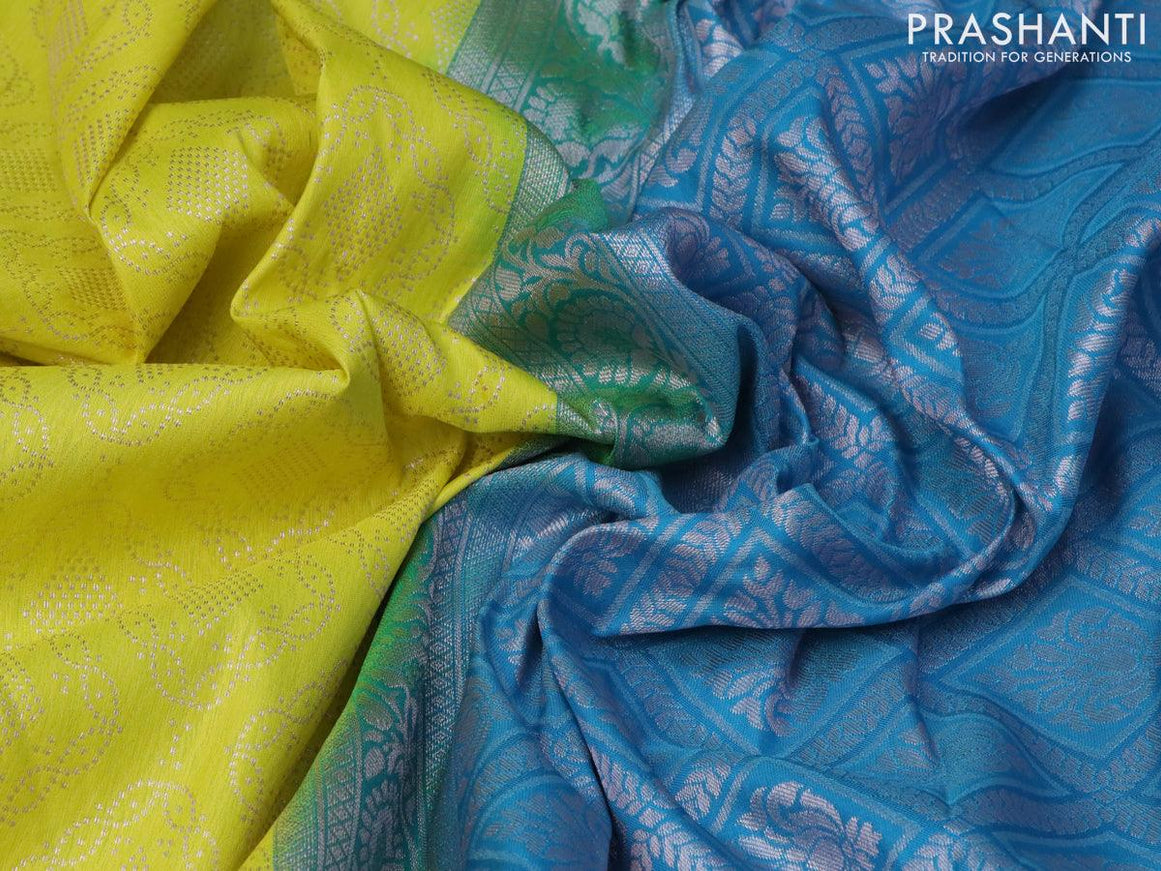 Bangalori silk saree lime yellow and blue with allover silver zari weaves and silver zari woven border - {{ collection.title }} by Prashanti Sarees