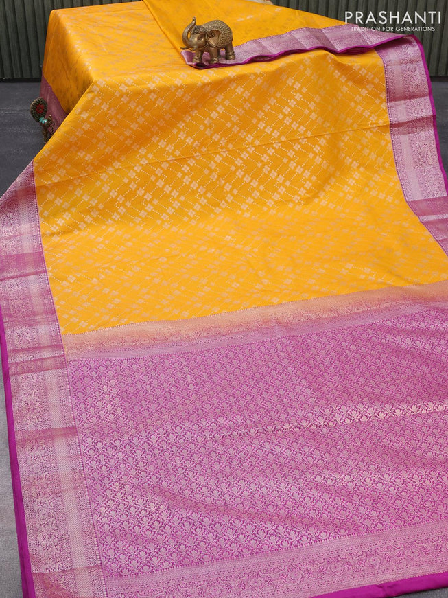Bangalori silk saree mustard yellow and purple with allover silver zari weaves and silver zari woven border - {{ collection.title }} by Prashanti Sarees