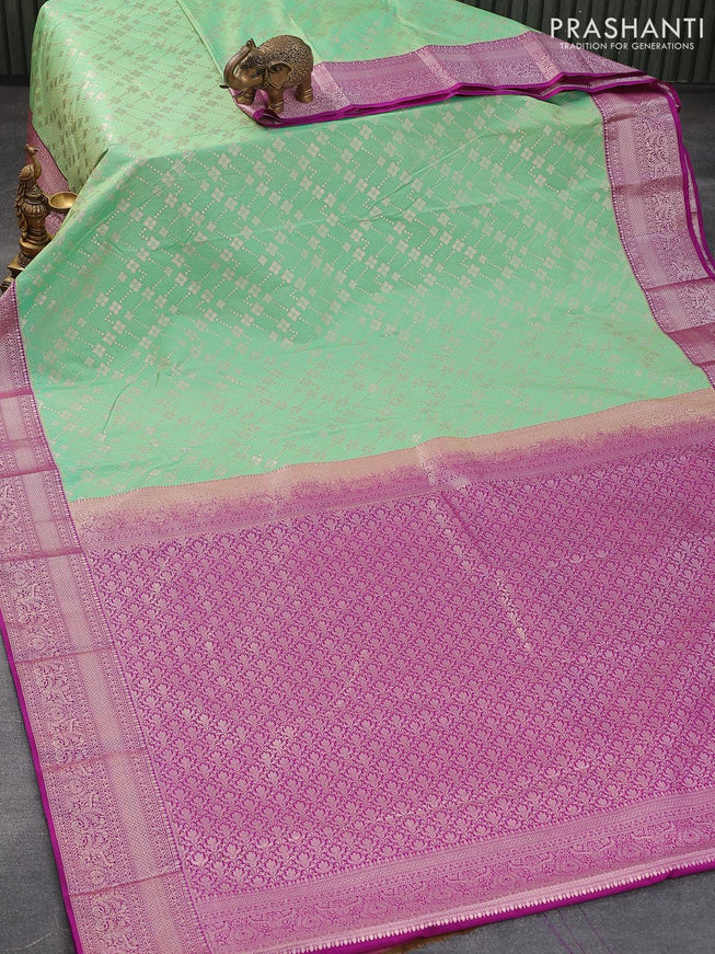 Bangalori silk saree pastel green and purple with allover silver zari weaves and silver zari woven border - {{ collection.title }} by Prashanti Sarees