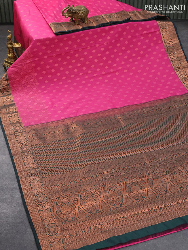Bangalori silk saree pink and dark green with allover copper zari woven buttas and copper zari woven border - {{ collection.title }} by Prashanti Sarees
